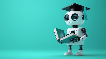 This is a white robot with a graduation cap holding a green book. It has blue eyes and is standing on a teal background.

