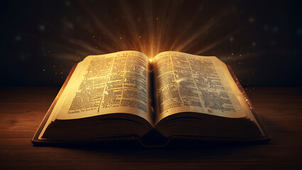 Fototapeta premium A powerful digital illustration of the Holy Bible with a glowing light emanating from it, representing divine wisdom and guidance, with space for text or copy space.