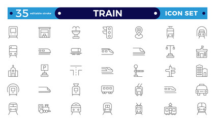 Train and railways icon set. intercity, international, freight trains, linear icons. Editable stroke outline icon. 