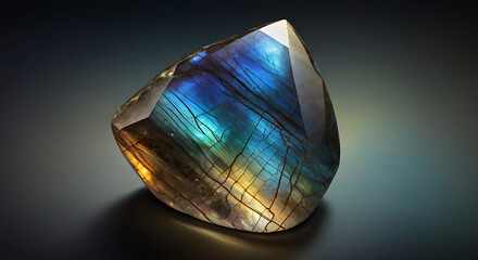 Fototapeta premium An illustration of a labradorite with its characteristic flashing iridescent colors, capturing the dynamic play of light on the surface. 