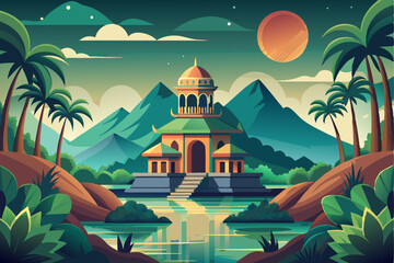 Obraz premium An ancient temple with a large dome and golden accents, surrounded by lush greenery and a serene lake