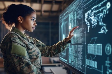 Female Soldier Interacting with Digital Interface