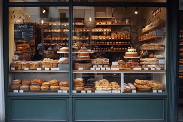 Bakery Display Window with Assortment of Freshly Baked Goods