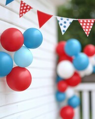 Naklejka premium Festive banner at a patriotic event, vibrant decorations and flags, joyous atmosphere, copy space for text, creating a lively ambiance.
