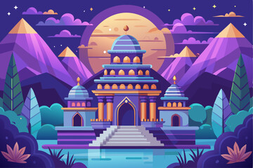 A Grand Palace at Night with Mountains and a Full Moon