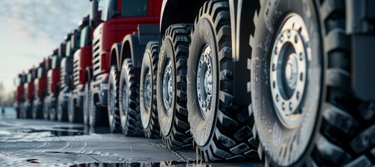 Fleet of Heavy-Duty Trucks with Robust Tires Parked in a Row at Sunset - Commercial Reliability and Performance