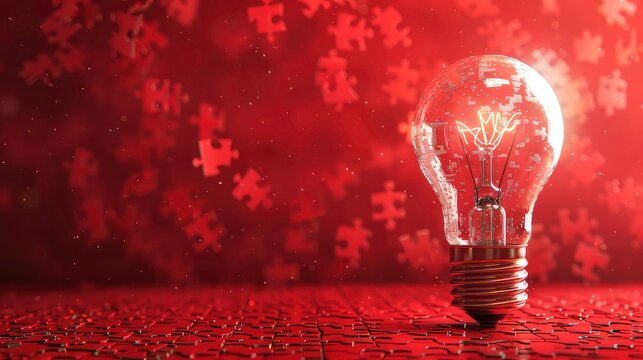 A lightbulb is sitting on a surface of puzzle pieces with more pieces floating in the air. The lightbulb is glowing and appears to be made of glass.