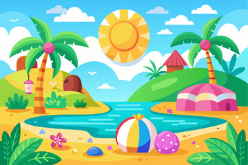 Obraz premium Idyllic Tropical Beach with Palm Trees and a Bright Sun