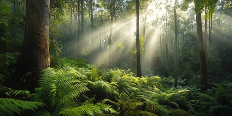 Obraz premium A photograph of a dense forest in Australia with tall trees and lush ferns covering the forest floor. Sunlight filters through the canopy, illuminating the green foliage