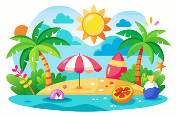 Tropical Island Beach Scene with Palm Trees, Umbrella, and Surfboard