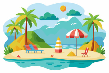 Tropical Beach Scene with Palm Trees, Sun, and Umbrella