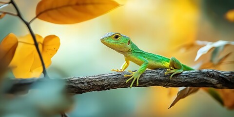 Fototapeta premium green lizard on tree branch at autumn forest wildlife animal in nature habitat 