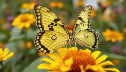 Fototapeta premium A butterfly is sitting on a yellow flower