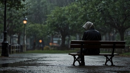 The impact of raindrops on a solitary figure's emotions during a moment of solitude ai_generated