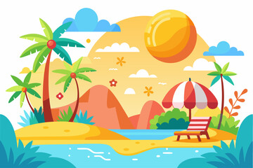 Tropical Beach Scene with Palm Trees, Sun, and Beach Chair