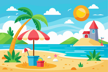 Beach Scene with Palm Tree, Umbrella, and Castle on an Island