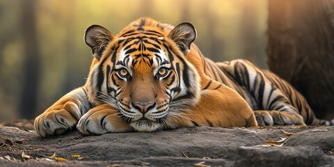 Obraz premium big tiger lying isolated on forest background, Tiger lays down with its eyes wide open.