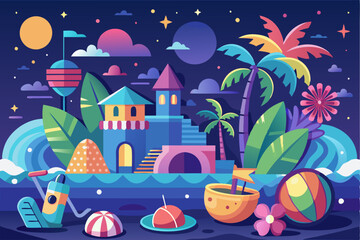 A Colorful Nighttime Tropical Island with a Playful Castle