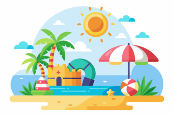 Summer Beach Scene with Palm Trees, Sandcastle, and Beach Umbrella