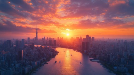 Naklejka premium High-Resolution Aerial View of a Bustling City Skyline at Sunset