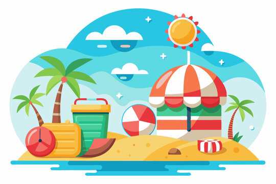 beach scene with umbrella, sun, palm trees clip art preview