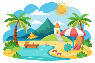 Tropical Beach Scene with Palm Trees, Sun, and Umbrella