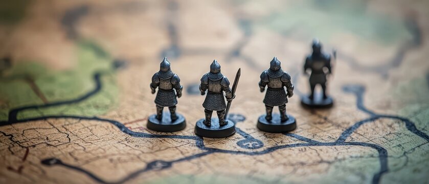 Close-up of miniature knights on a board map, representing strategy and adventure in a tabletop game setting.