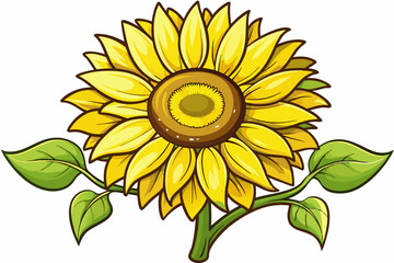 Fototapeta premium A Yellow Sunflower with Green Leaves and a Brown Center