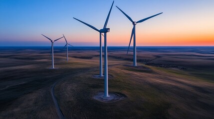 Wind turbines in an open field at dusk, with the sky transitioning from day to night
