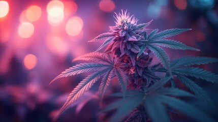 A cannabis plant's leaves glowing under a purple light, showcasing the rich textures and natural beauty of the plant
