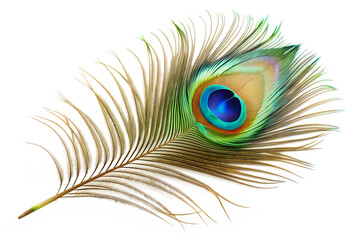 Obraz premium A Single Peacock Feather Isolated on White Background