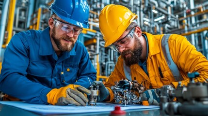 Architect and construction workers in an oil refinery, examining blueprints and coordinating on-site tasks.