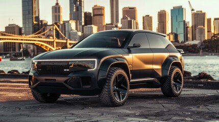 Futuristic Matte Black Electric SUV Against a City Skyline for Modern Auto Showcases and Urban Designs