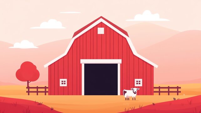Red barn with a cow in front of it, set in a rural landscape.