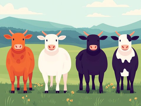 Four cows of different colors standing in a field.
