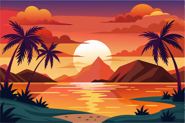 Fototapeta premium Sunset over a tranquil lake with palm trees and mountains