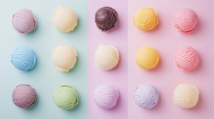 Fototapeta premium top view of ice cream of different colors on pastel background.