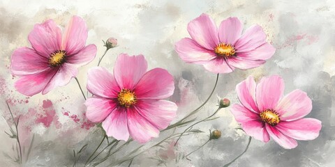 Pink cosmos flowers in watercolor with soft grey background
