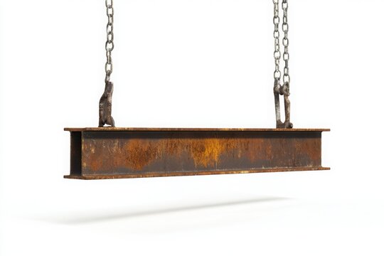 Rusty steel beam hanging from chains in white background - Powered by Adobe