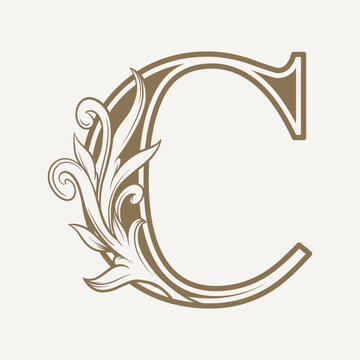 stylized fancy letter C with a leaf flower vintage ornament