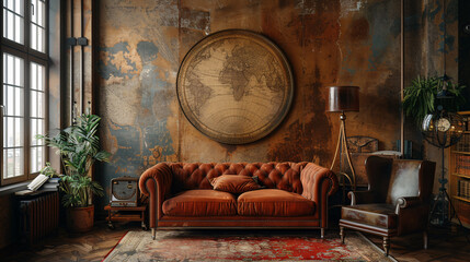 A vintage living room with a brown leather sofa, a globe wall hanging, and a large window. The room has a warm, inviting atmosphere.