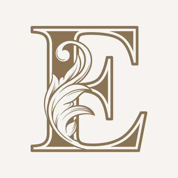 stylized fancy letter E with a leaf flower vintage ornament