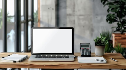 Fototapeta premium A blank white screen of an open laptop placed on a wooden table in a modern office room