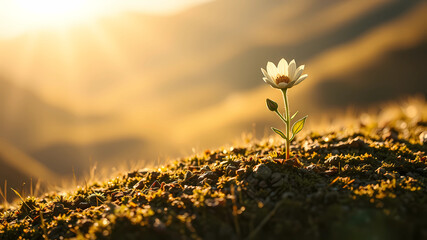 a small beautiful unrealistic sprout growing on the valley surrounded by the sun light, analog, camera, detailed composition, --ar 169 --v 5.2 the evolutional process of growing, painted by francis ba