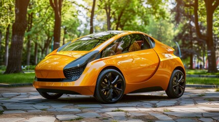 Fototapeta premium Eco-Friendly Compact Car with Vibrant Yellow Design in Urban Green Park Setting for Eco Transport Concepts