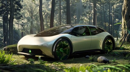 Eco-Friendly Hybrid Car with Aerodynamic Design in a Serene Nature Park Setting