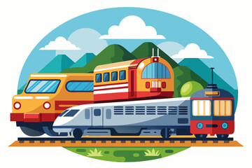 Three Trains on a Track with a Mountainous Background