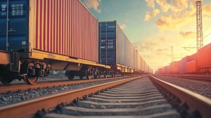Fototapeta premium A freight train with a container on top, rolling on tracks, showcasing the importance of rail transport in global trade -