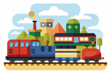 A Cartoon Train Engine With Freight Cars Rolling on a Track