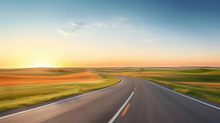Naklejka premium photo of empty curve landscape, clean road, grass, realistic, clear sky